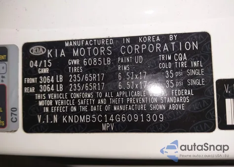 2016 Kia Sedona Lx z USA, uszkodzony, nr VIN KNDMB5C14G6091309